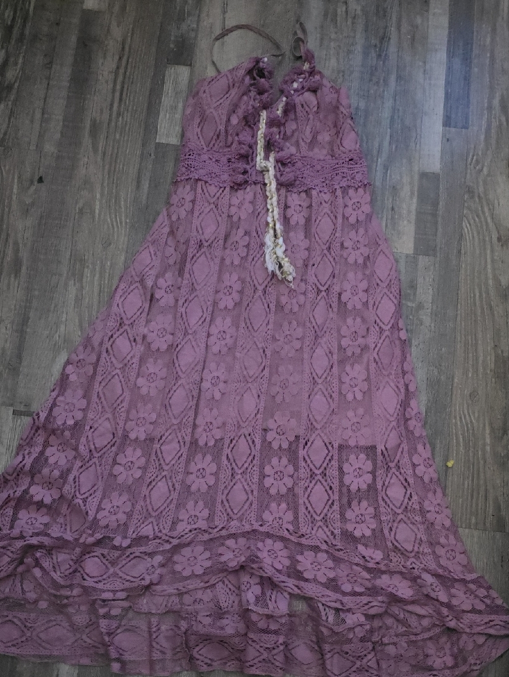 Mauve Lace Maxi Dress with Floral Crochet